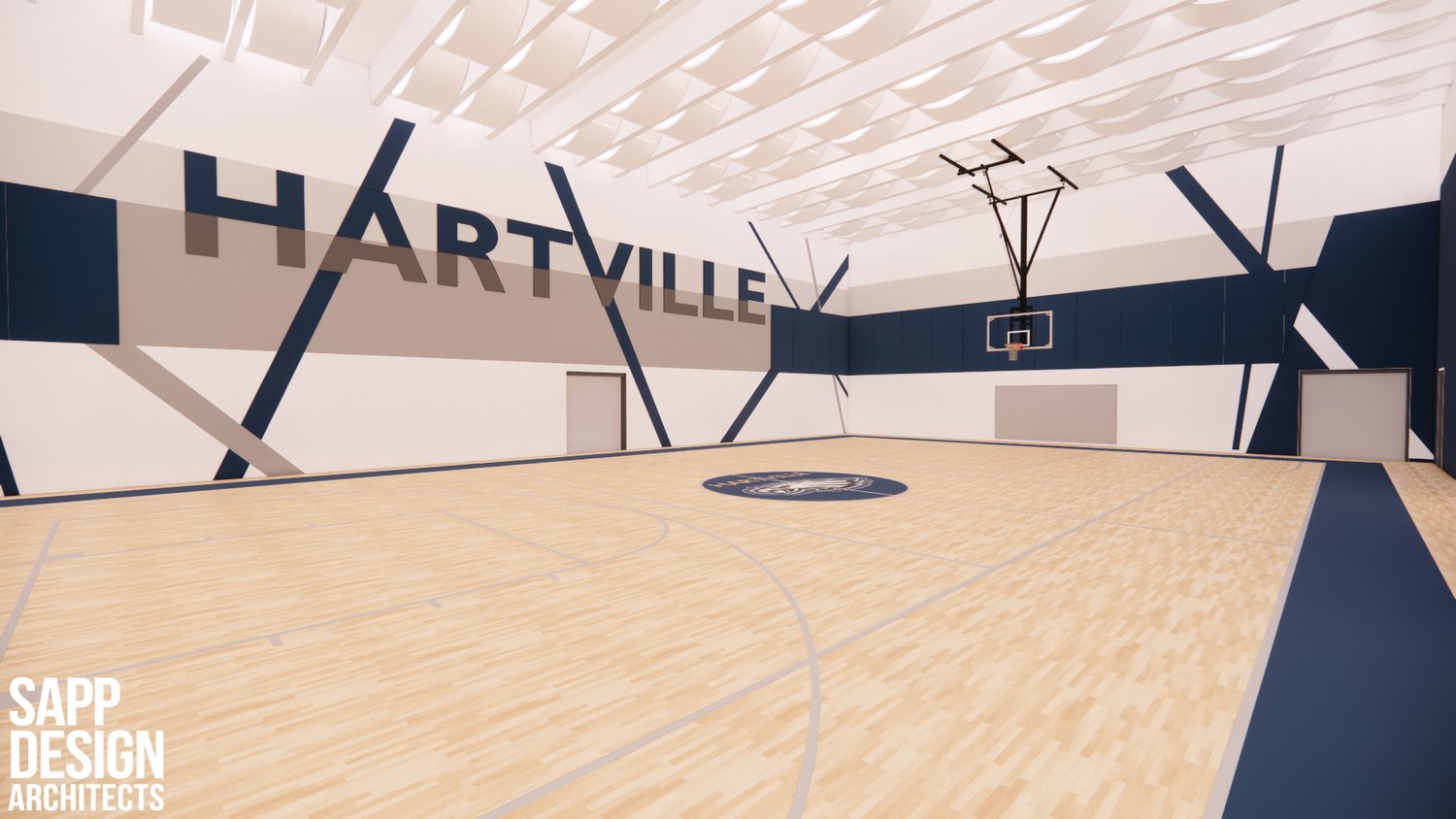 An FEMA interior rendering shows a vision for a new basketball court being utilized in the facility.
